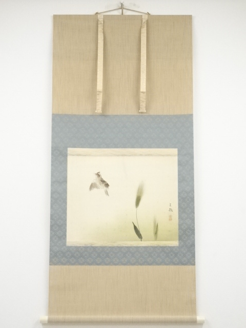 今井景樹筆　雀図　肉筆絹本掛軸（保護箱）